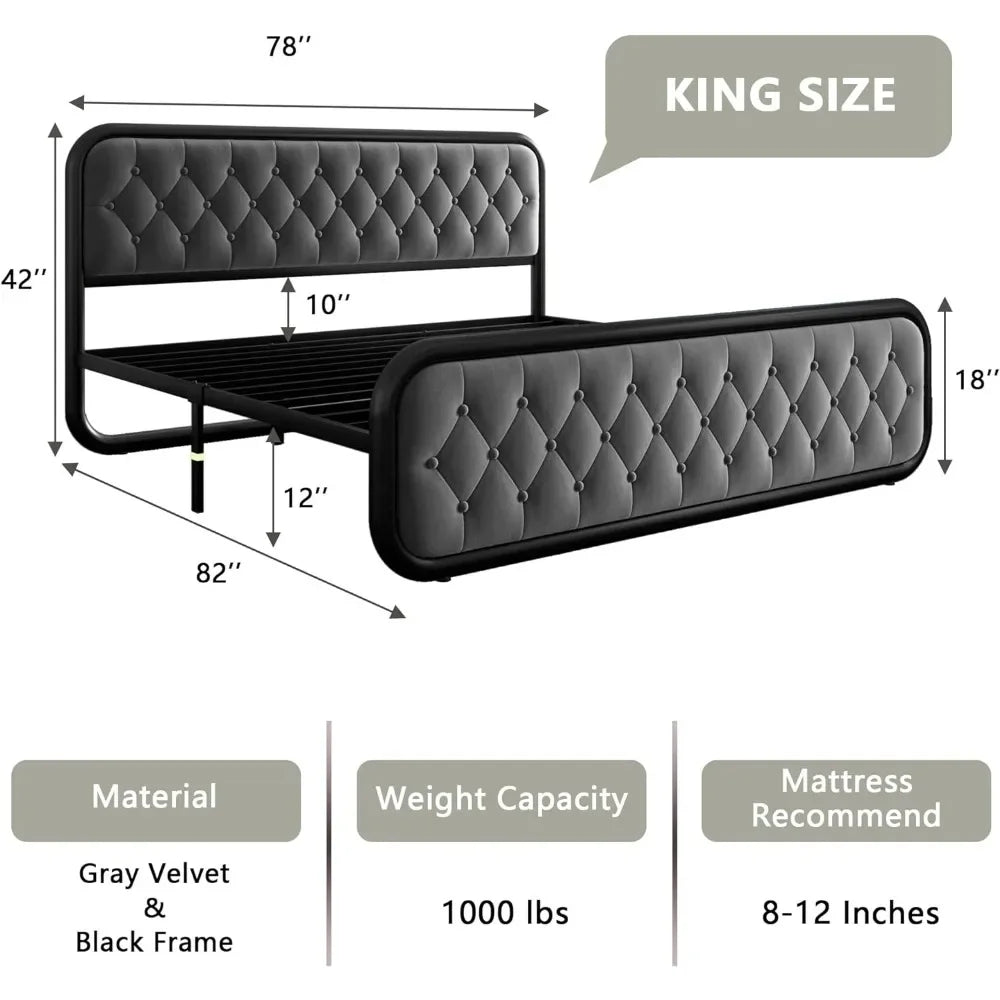 Heavy Duty King Size Bed Frame With Faux Leather Headboard and Under-Bed Storage