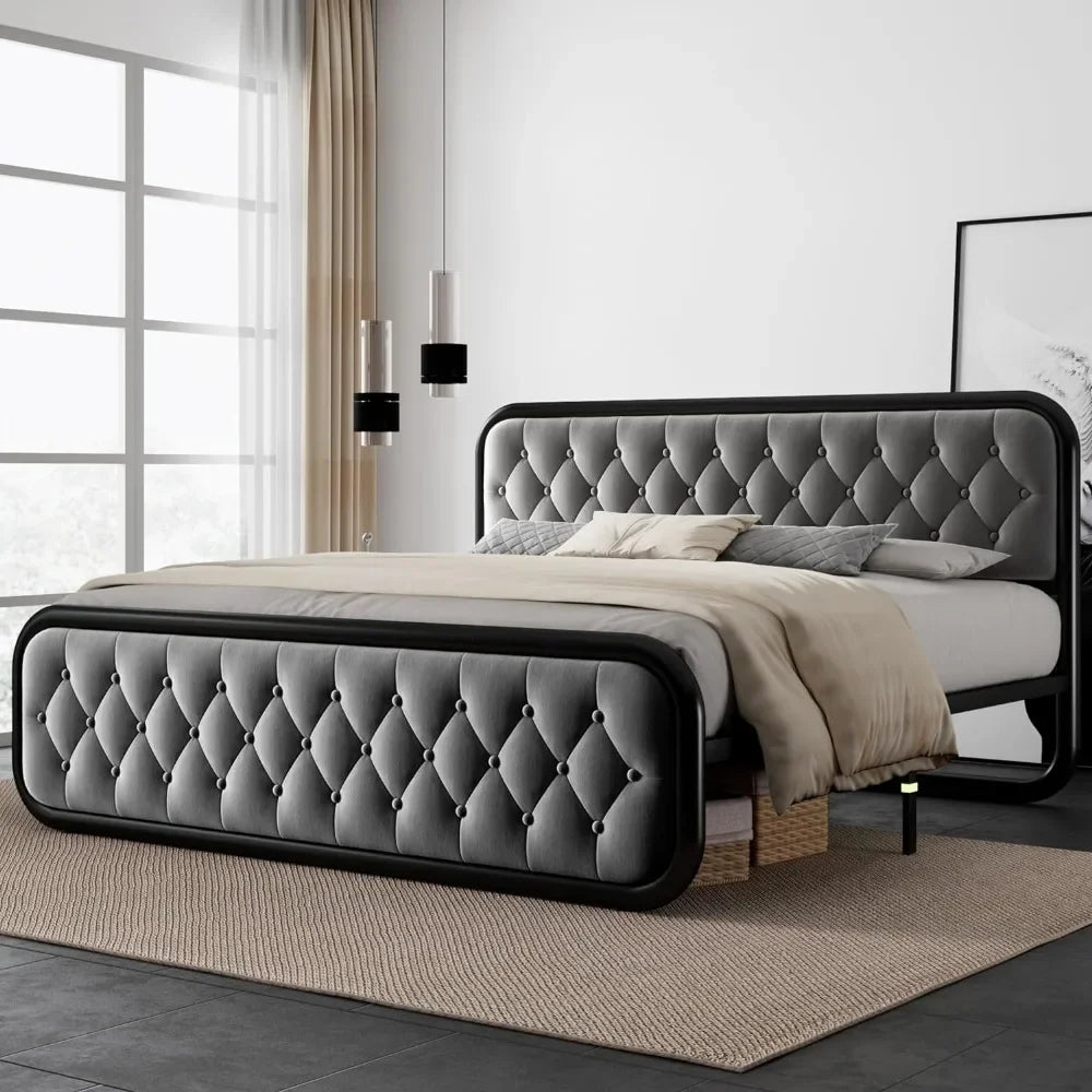 Heavy Duty King Size Bed Frame With Faux Leather Headboard and Under-Bed Storage