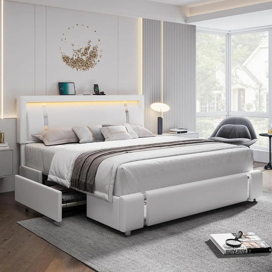 Modern Upholstered Faux Leather Bed Frame With Headboard, RGB LED lights, USB Ports and 2 Storage Drawers